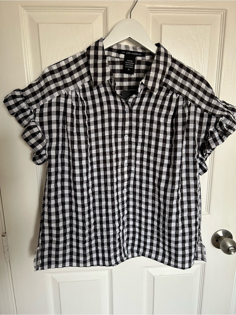 Liv Los Angeles Black & White Gingham Short Sleeve Ruffle Button-Down Shirt